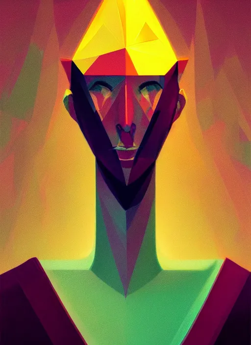 Prompt: a post - minimalism portrait of a magical triangle glass head with very long legs vibrant color scheme, highly detailed, in the style of romanticism, cinematic, artstation, moebius, greg rutkowski