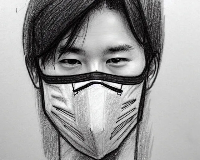 Prompt: draft drawing of a european man covering her face with mask, a sketch by choro choi, thin stroke, trending on artstation, context art, pencil sketch, high detail