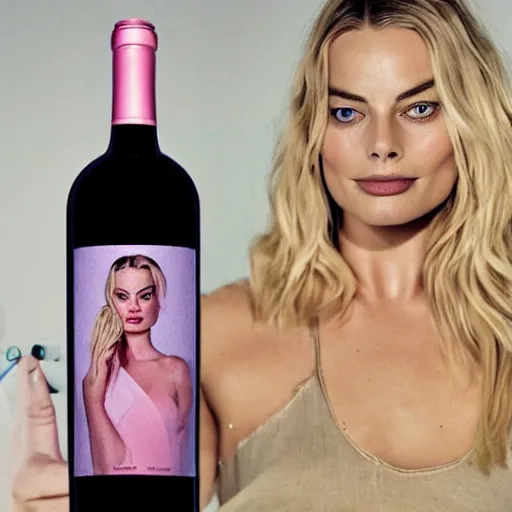 Image similar to margot robbie as a bottle of wine