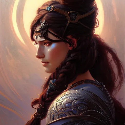 Image similar to Portrait of female warrior, D&D, blue eyes, face, long black hair, fantasy, intricate, elegant, highly detailed, digital painting, artstation, concept art, smooth, sharp focus, illustration, art by artgerm and greg rutkowski and alphonse mucha