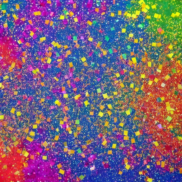 Image similar to huge explosion with mushroom cloud, birds eye view, glitter, paint splatters, fireflies, small group of people get covered in paint and glitter