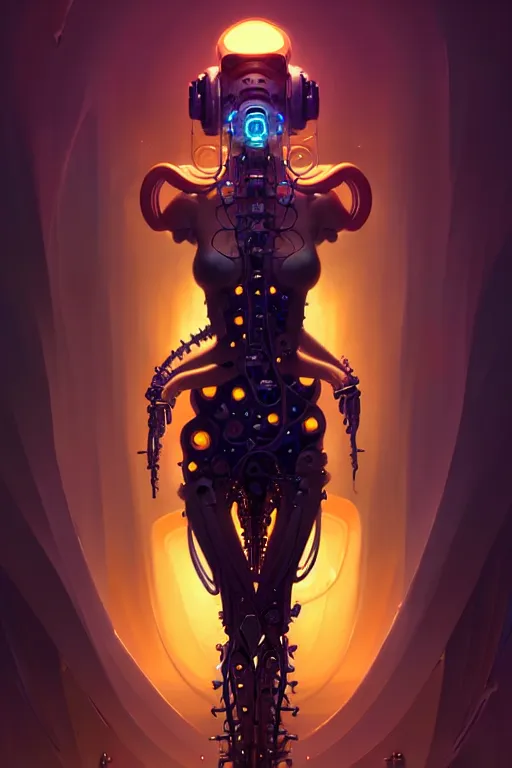 Image similar to portrait, biomechanical bioluminescent creature, cyberpunk, elegant baroque, asymmetrical art, hyperrealism colorful, vivid, imposing, epic, digital painting, artstation, concept art, by peter mohrbacher and wlop and rhads