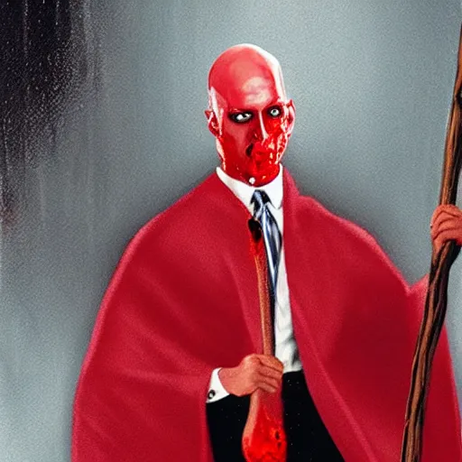 Prompt: Bald Patrick Bateman from American Psycho (2000) swinging an ax in with his hands while wearing a poncho covered in blood, photorealistic, high quality