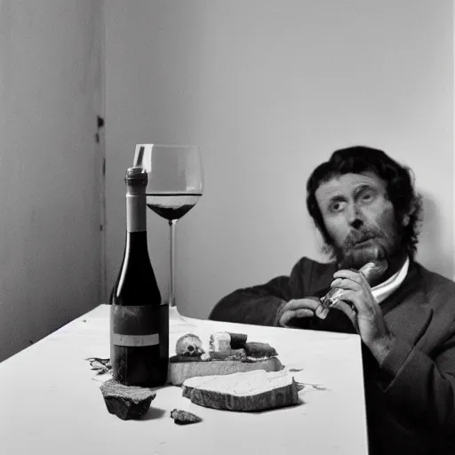 Prompt: photograph of a frenchman seated at a table with a bottle of wine and a cheese in 2 0 2 0. in color, 5 0 mm