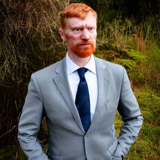 Image similar to photograph of an angelic ginger man in his 40s, greenish blue eyes, small nose, clean shaven, no wrinkles, tall, wearing a white shirt and elegant gray dress jacket, looking into the distance