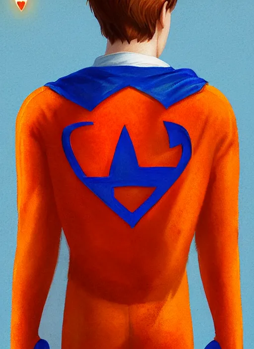 Image similar to friendly teenage archie andrews wearing an orange superhero costume with heart logo, freckles, superhero costume, heart emblem on chest, cape, intricate, elegant, glowing lights, highly detailed, digital painting, artstation, sharp focus, illustration, art by wlop, mars ravelo and greg rutkowski