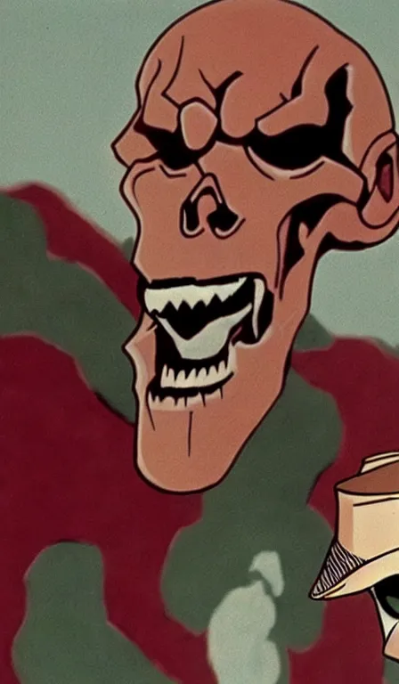 Image similar to Hanna Babera cartoon still of The Red Skull, close-up view