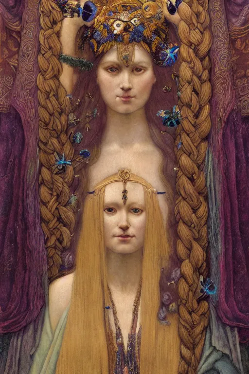 Image similar to coronation portrait of the goddess of the Last Tree, by Donato Giancola and John Bauer and John William Godward and Vermeer, embroidered velvet, iridescent beetles, rich color, ornate headdress, flowing robes, lost runes, ancient civilizations, dramatic cinematic lighting, featured on Artstation, cgisociety, unreal engine, extremely detailed