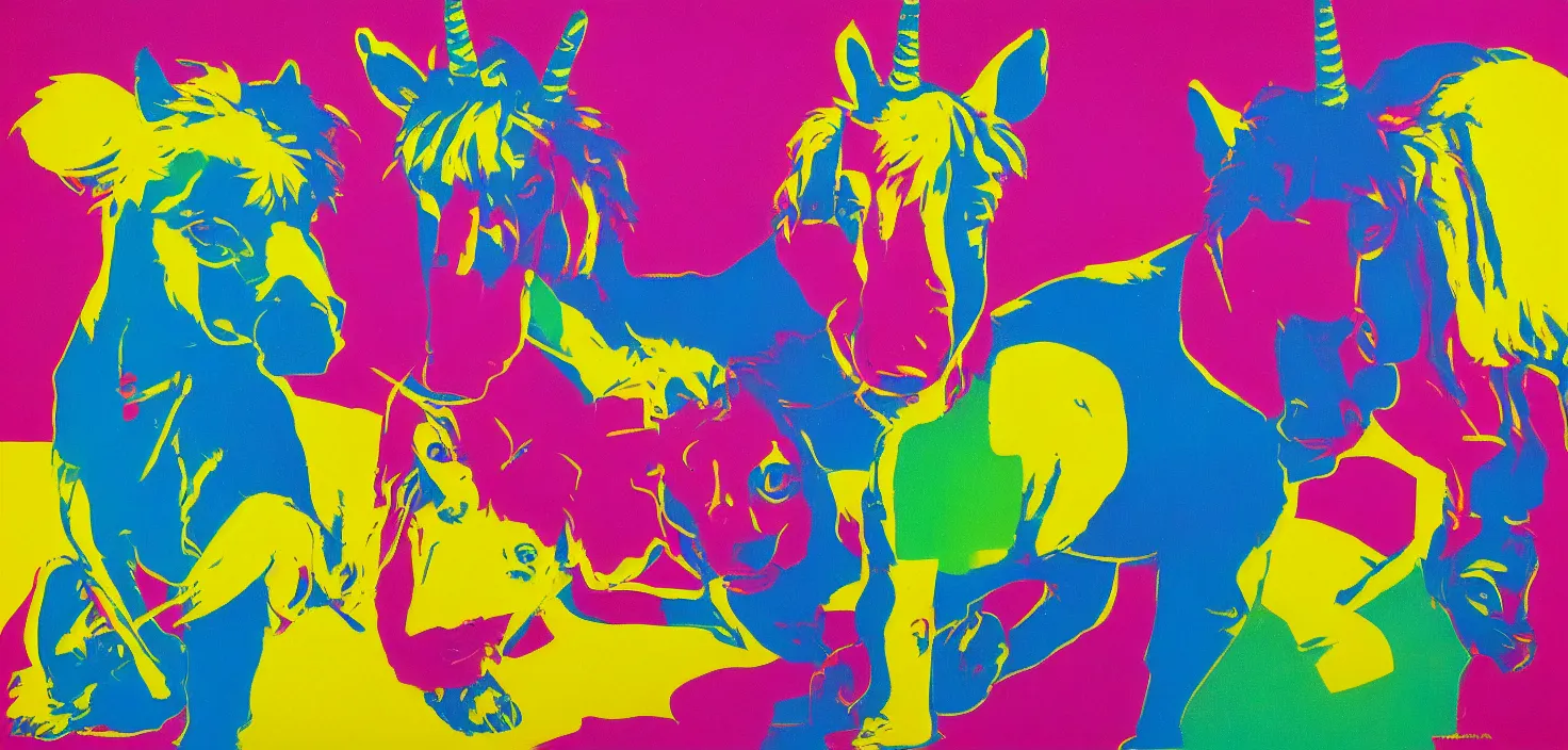 Image similar to a unicorn and a mouse on a sugar rush, colourful, bright, cheery, andy warhol, ralph goings