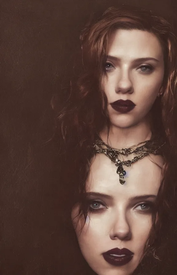 Prompt: soft lighting closeup portrait of young sexy scarlett johansson long hair wearing gothic fashion outfit, rembrandt lighting, rembrandt painting,