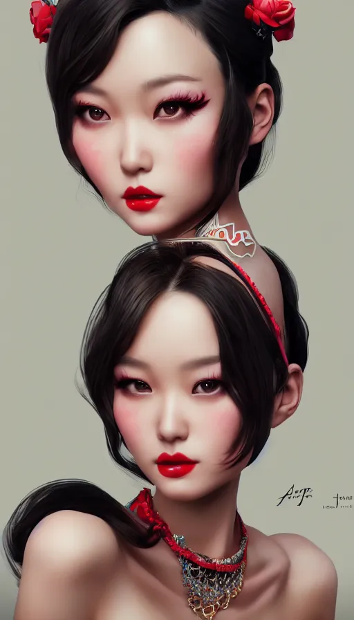 Image similar to a pin up and beautiful fashion and charming and dreamlke asian girl, lv jewelry, art by artgerm & jeehyung lee & wlop, hyperdetailed, 8 k realistic, symmetrical, frostbite 3 engine, cryengine, dof, trending on artstation, digital art