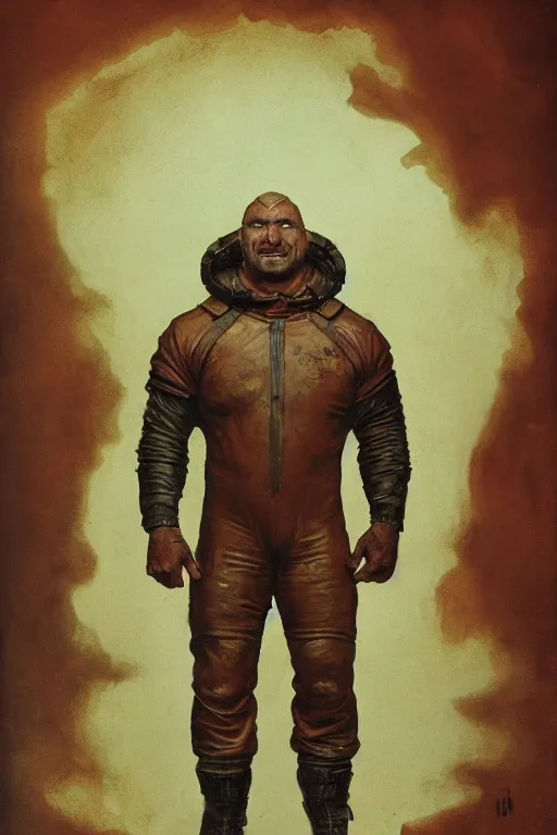 Image similar to upper body portrait of hulking dave bautista as baron harkonnen, wearing old leather spacesuit, dystopian science fiction, dark, horror, illustration by norman rockwell, hans baluschek, artstation character art, john william waterhouse, concept art, greg rutkowski