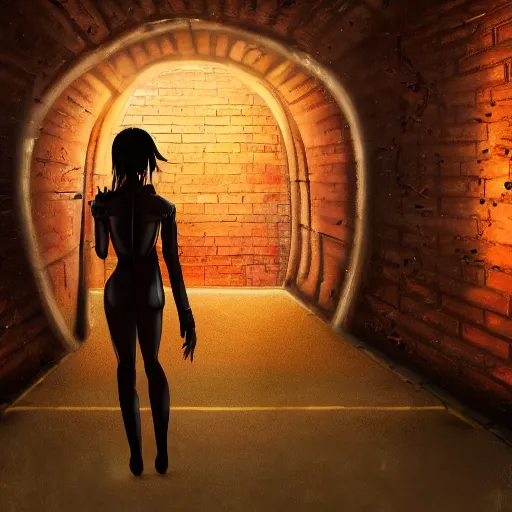 Image similar to a boy victim being intimidated by a succubus in a leather suit, devi wings, cracked brick wall, long hallway, light at the end of the tunnel, volumetric lighting, concept art, detailed, dramatic lighting, by hayao miyazaki