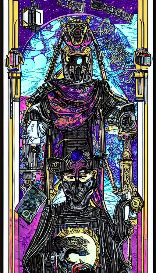 Prompt: a tarot card of the emperor, cyberpunk themed art, concept art