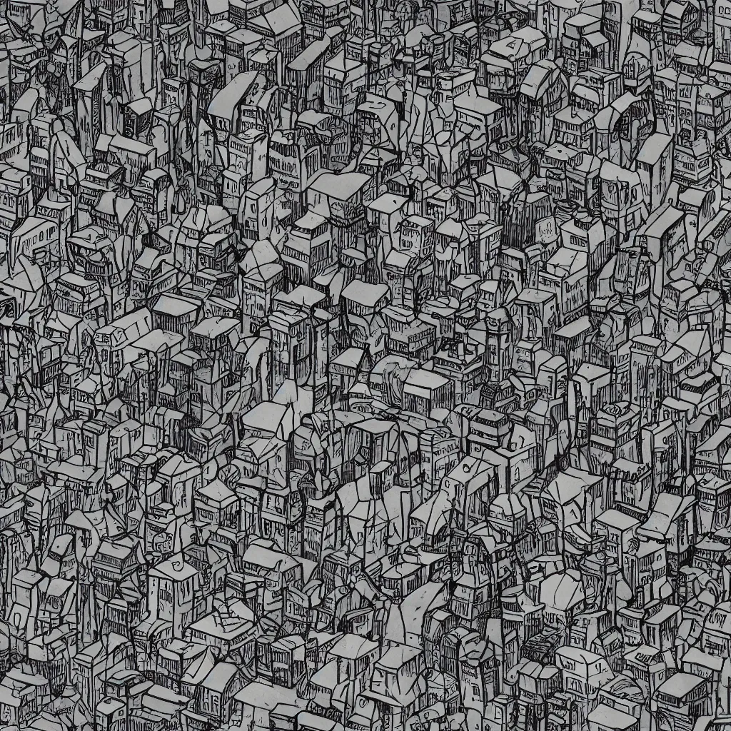 Image similar to A simple yet detailed illustration of abandon city covered by trees