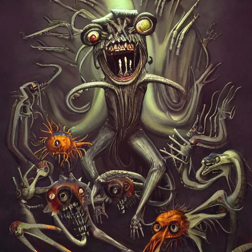 Prompt: beautiful painting of a beastly mad scientist surrounded by animalesque screaming chimeras in the style of Welder Wings and H. R. Giger. Dark background, detailed, trending on Artstation