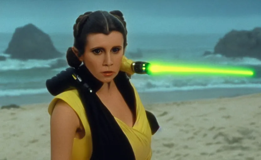 Image similar to glamour portrait of Princess Leia using yellow lightsaber on foggy beach, 1980s film directed by Stephen Speilberg, iconic scene, carrie fischer's photoreal face, stunning cinematography, hyper-detailed, sharp, anamorphic lenses, kodak color, 4k