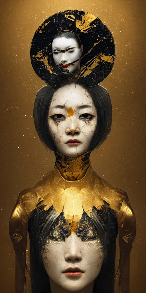 Prompt: portrait of a futuristic geisha with crying black eyes, kintsugi, modern fine art, fractal, intricate, elegant, highly detailed, digital photography, subsurface scattering, by jheronimus bosch and greg rutkowski,