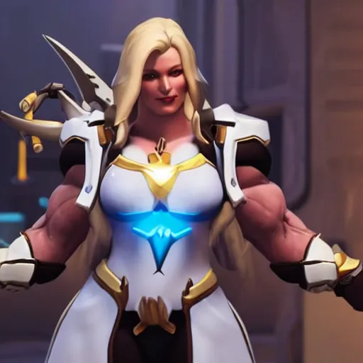 Image similar to a screenshot of arnold schwarzenegger as mercy in overwatch, full body shot