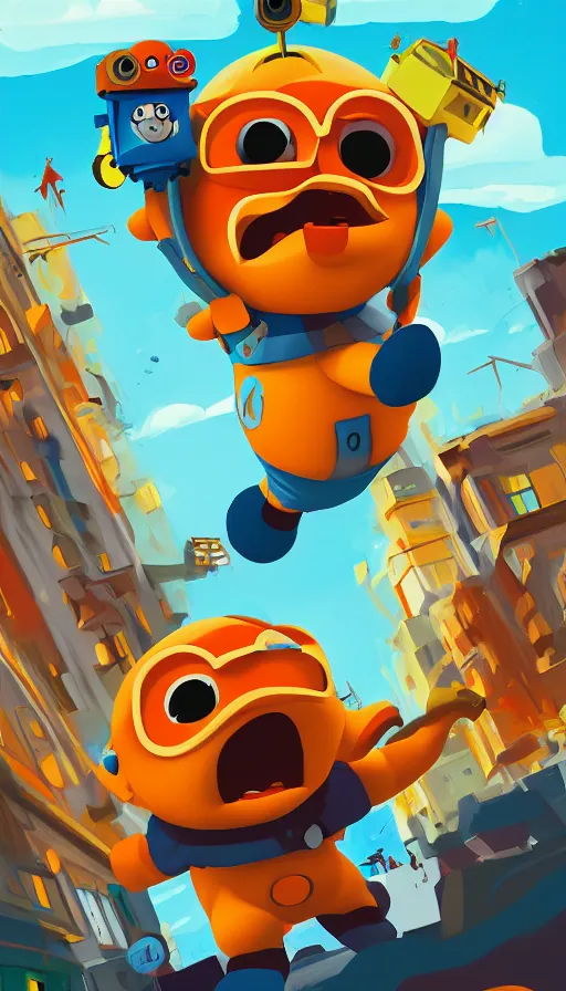 Image similar to painting of giant pororo attacking city, retrofuturism, behance, bold colors and shapes, trending on artstation