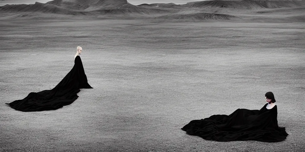 Prompt: portrait of floating model in comme des garcon deconstructed black silk gown, iceland landscape photography, by lurie belegurschi and gunnar freyr