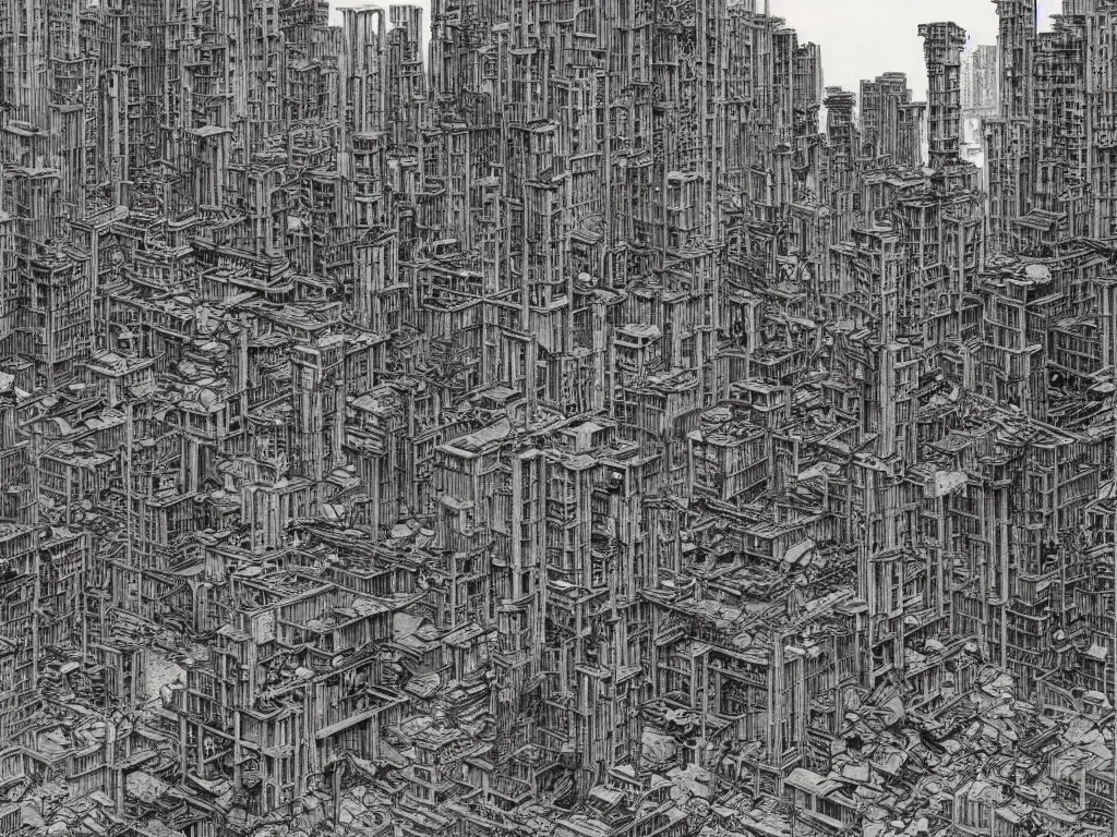 Image similar to dystopian city ruins by Katsuhiro Otomo