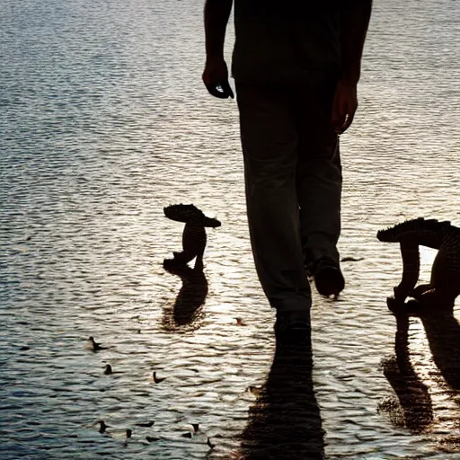 Image similar to man with clocks as eyes walking near lake with crocodiles, high detail, soft lighting, intricate, 8 k