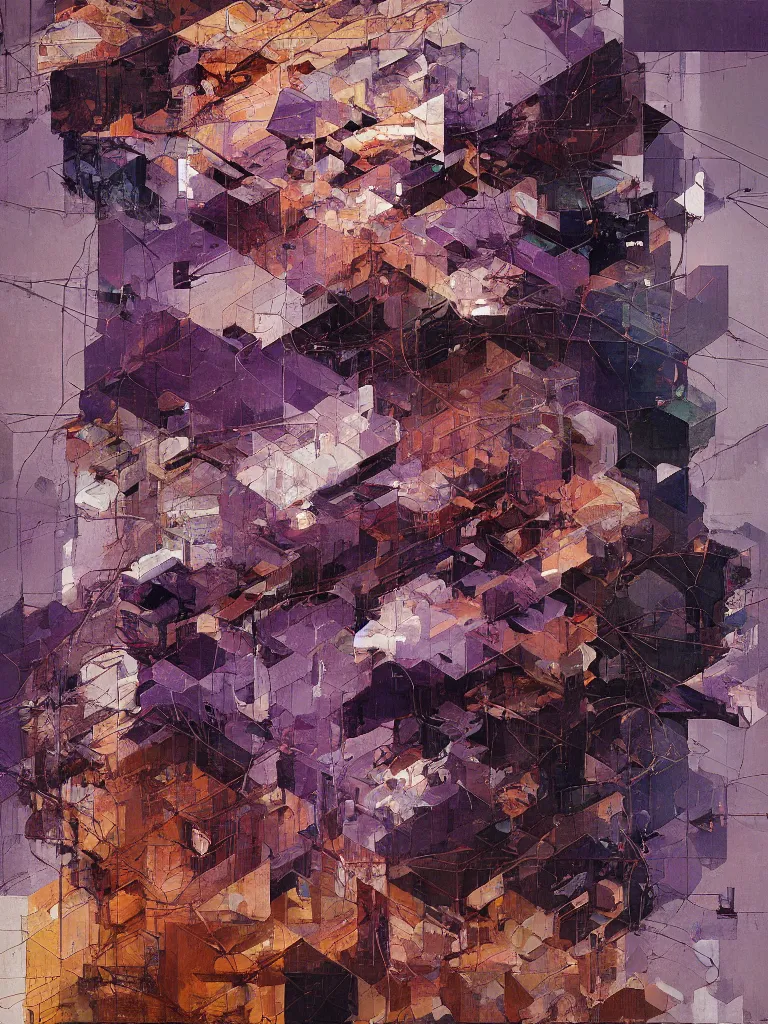 Image similar to a beautiful glitched square geometric painting by robert proch and emilio pettoruti of an anatomy study of the human nervous system on top of white rectangle shapes, color bleeding, pixel sorting, copper oxide and rust materials, brushstrokes by jeremy mann, dramatic lighting, pastel purple background