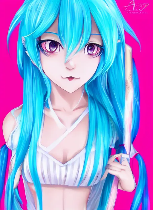 Prompt: Cute beautiful Asian cosplay girl with long blue hair and tempting eyes cosplaing Hatsune miku, full length shot, shining, 8k, HQ, sharp focus, IMAX quality, illustration, by artgerm