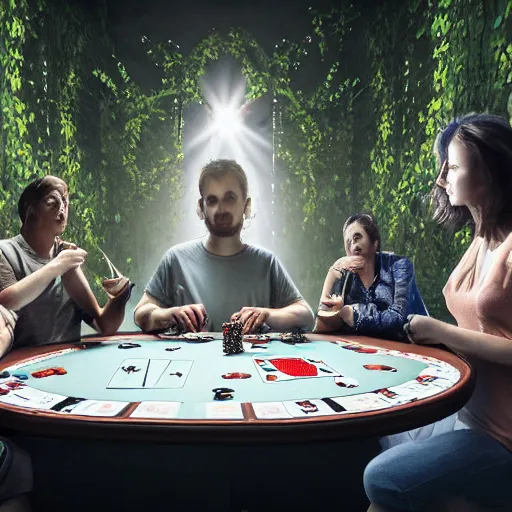 Image similar to A group of people playing poker at a poker table in the middle of an abandoned building, big room, with vines and plants growing out of cracks, broken walls and ceiling with natural light shining through, the light shows dust in the air, digital art, award winning art, 8k