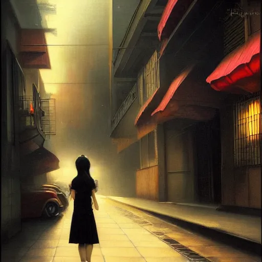 Image similar to painting of a young japanese girl in a dark, gloomy deserted city street highly detailed, dramatic lighting, intense shadows, rich deep colours, by luis ricardo falero