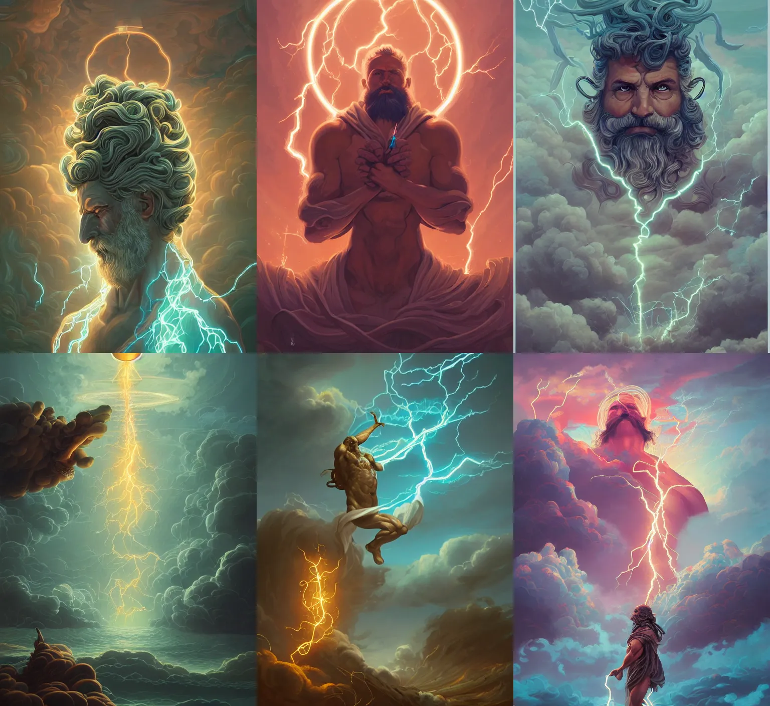 Prompt: intricate rendered portrait of Zeus the Greek god of lightning by Peter mohrbacher and Dan mumford and beeple, trending on cgsociety, lightning clouds MTG cards