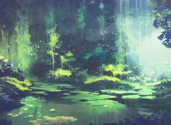 Image similar to anime background clean neat clarity professional visual development set design, large hall, sparse plants, dim painterly lighting volumetric aquatics, impasto, trending on pixiv