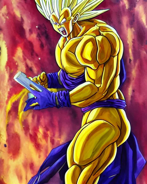 Image similar to a oil / watercolor painting full body character portrait of super saiyan golden frieza in the style of moebius in the style of leonard boyarsky trending on artstation deviantart pinterest detailed realistic hd 8 k high resolution