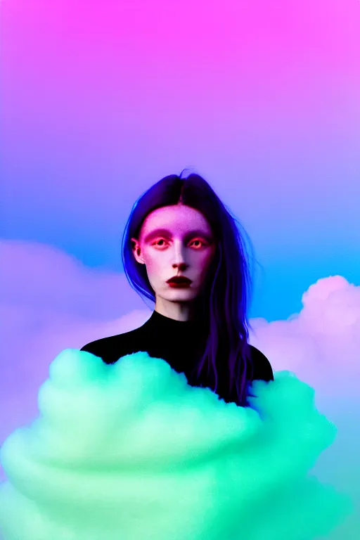 Image similar to high quality pastel coloured film photograph of a model wearing black clothing resting on cloud furniture clouds in a haze filled dreamstate world. three point light, rainbow. photographic production. art directed. pastel colours. volumetric clouds. pastel gradient overlay. waves glitch artefacts. 8 k. filmic.