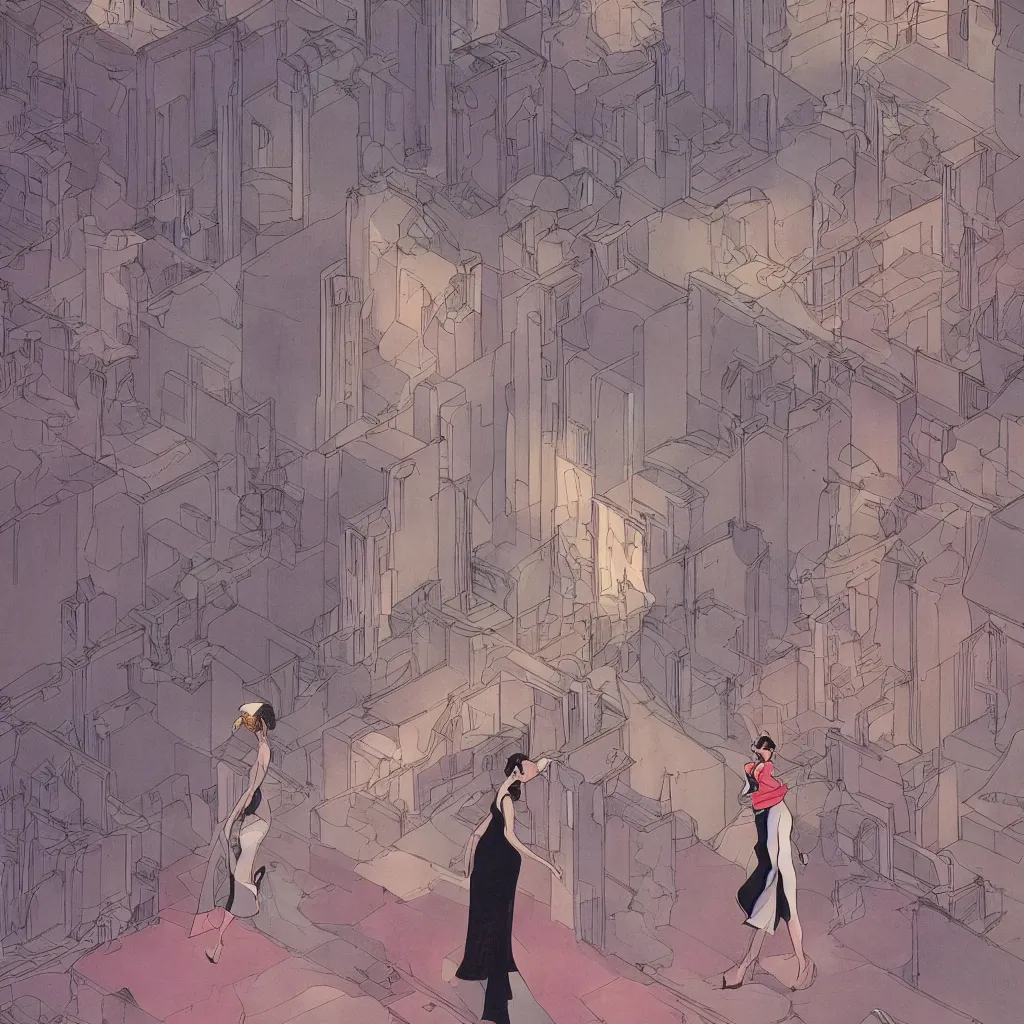 Image similar to an elegant full-length moebius-style woman walks through a surreal city