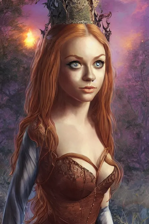 Image similar to frontal standing pose portrait of Sabrina the Teenager Witch, very beautiful young woman, ginger straight hair, Victorian-era push-up underwire. Intricate, concept art, magic mystique imagery themed, D&D!, fantasy style, sharp focus!, ultra detailed, art by Artgerm and Peter Andrew Jones, WLUP, Magali Villeneuve