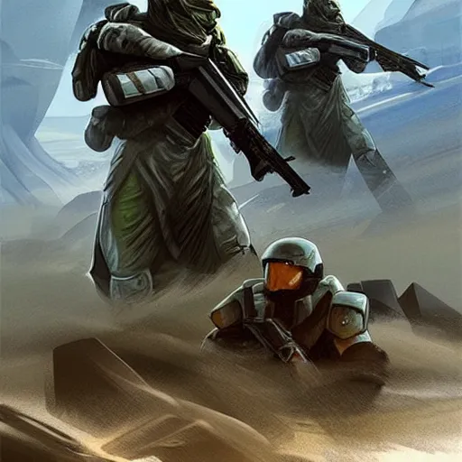 Prompt: The Taliban fighting the Flood from Halo on a Halo Ring art in the style of the concept artist Sparth.