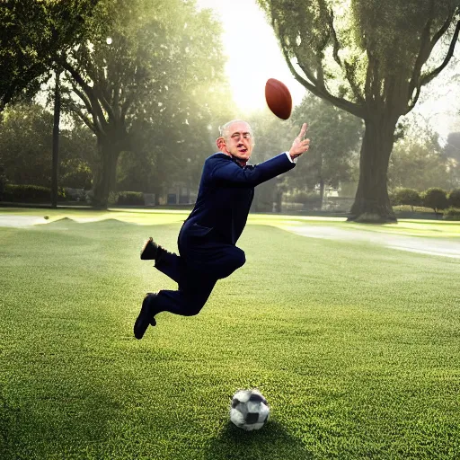 Image similar to Benjamin Netanyahu juggling a football in a public park, dynamic lighting, ambient lighting, morning time, HQ, official media