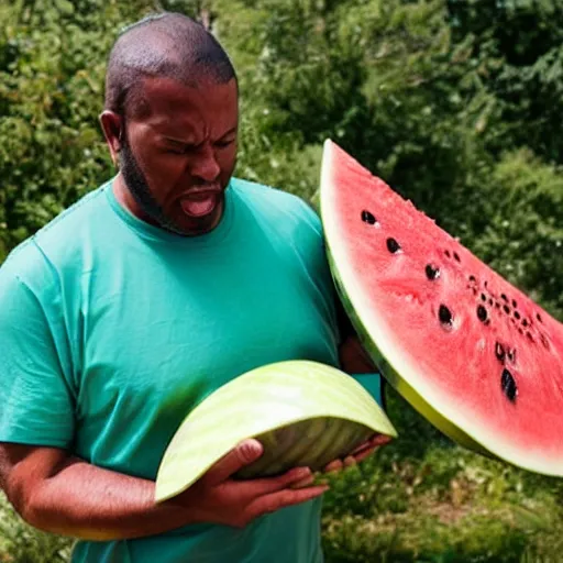 Prompt: A man tries to swallow a large watermelon whole,