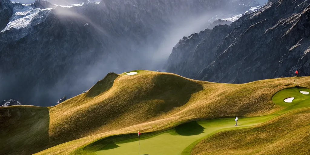 Prompt: a great photograph of the most amazing golf hole in the world, hangglider, perfect light, over a cliff, in the swiss alps, high above treeline, ambient light, 5 0 mm, golf digest, top 1 0 0, fog