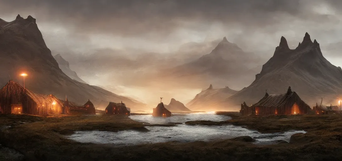 Image similar to a viking village on the coast of iceland, dynamic lighting, volumetric, bokeh, cinematic, establishing shot, extremly high detail, photo realistic, cinematic lighting, post processed, concept art, artstation, matte painting, style by eddie mendoza, raphael lacoste, alex ross