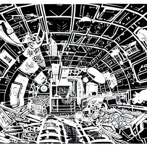 Image similar to inside an abandoned space station mcbess style gouache