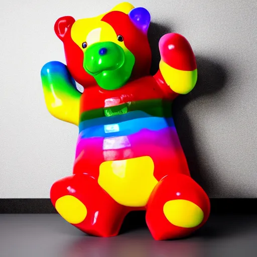 Image similar to high quality photo of a giant gummi bear made in rainbow colors in front of a white background