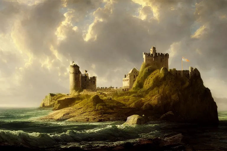 Prompt: an old castle on a seaside cliff at the edge of the world by andreas achenbach and peder balke and martin johnson heade sharp digital painting. dreaming latent space. matte painting, concept art. artstation. digital render. hdr, high dynamic range, global illumination, realistic, 8 k