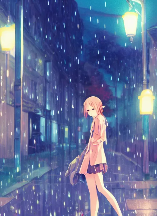 Image similar to listening to music at 2 am, night, pretty girl, pose, rain, lofi, lofi, peaceful, street light, anime key visual, poster, street wears, anime, by wlop, high quality, 4 k, trending, trending on artstation