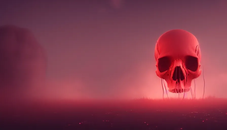 Image similar to Photorealistic Skull covered in thin red strings Surrounded by thick fog and puffy magical clouds that glow from lights in the distance, volumetric lighting, haze, atmosphere, magical lighting, digital art, wallpaper, octane, redshift, creepy, shallow depth of field