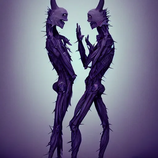 Image similar to Two humanoid creatures fused at the shoulders dancing on their pointy limbs. Award-winning digital art, trending on ArtStation