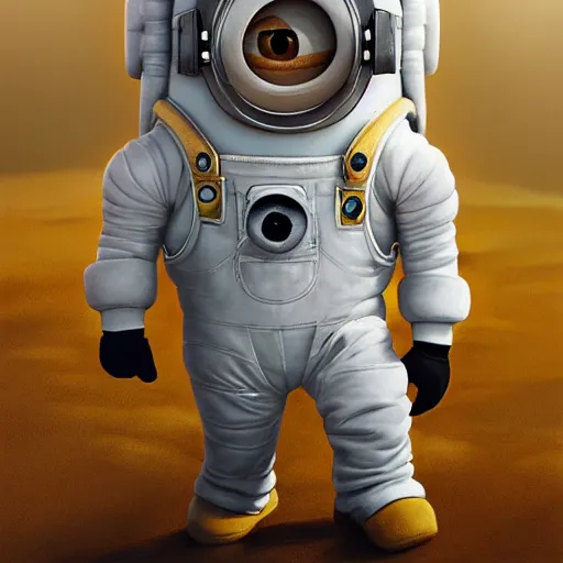 Image similar to an epic painting minion in white space suit, moon landing, pencil drawing, perfect composition, golden ratio, beautiful detailed, photorealistic, digital painting, concept art, smooth, sharp focus, illustration, artstation trending, octane render, unreal engine