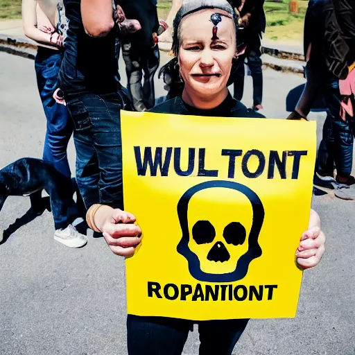 Image similar to professional photo of a dog holding a sign with a nuclear radiation warning on it skull and crossbones yellow three triangles